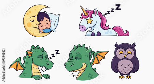 Collection of cute sleeping characters including boy, unicorn, dragon and owl