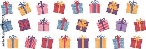 Assorted Colorful Gift Boxes with Ribbons on White Background