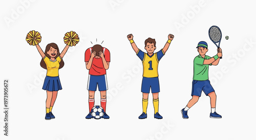 Sports Celebration: Cheerleader, Sad Soccer Player, Victorious Soccer Player, Tennis Player