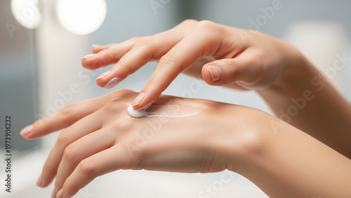 Woman applying smooth white moisturizing cream to her hands, massaging it in gently for soft and hydrated skin, focus on fingers spreading the product.