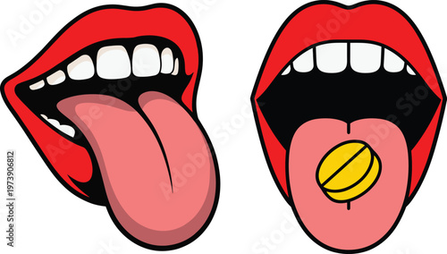 Open mouth with red lips sticking out tongue with yellow pill on it, and another open mouth with red lips sticking out tongue