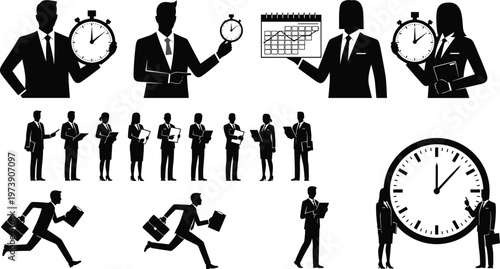 Business time management silhouettes, productivity icons, corporate efficiency illustration, stopwatch briefcase artwork, calendar clock design, professional deadline figures