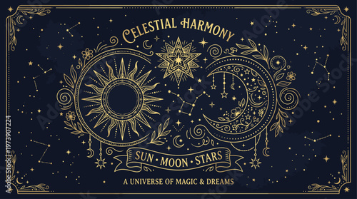 A gold-colored illustration of celestial bodies including the sun, moon, and stars on a dark blue background with gold accents and ornate details.