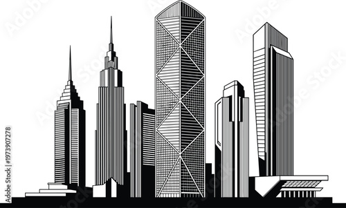 Modern city skyline illustration, urban skyscraper architecture, geometric building design, black white artwork, metropolitan skyline drawing, structural brace tower