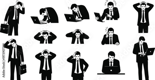 Confused business silhouettes, workplace stress icons, corporate frustration illustration, professional anxiety artwork, decision fatigue design, problem-solving posture figures