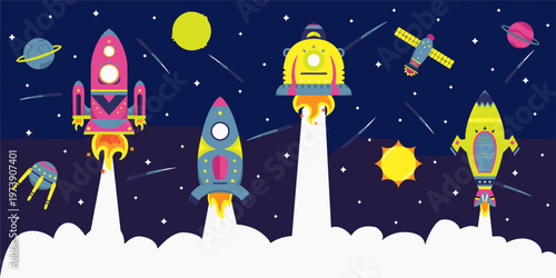 Colorful illustration of rockets launching into a starry night sky with planets and clouds, depicted in a whimsical cartoon style with a dreamy and adventurous mood.