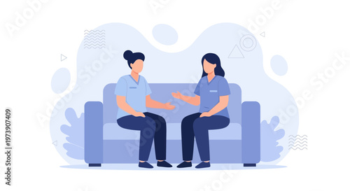 Two nurses in blue uniforms talking on a couch, mental health consultation, therapy session