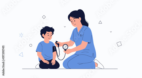 Nurse checking child's blood pressure, pediatric healthcare concept illustration