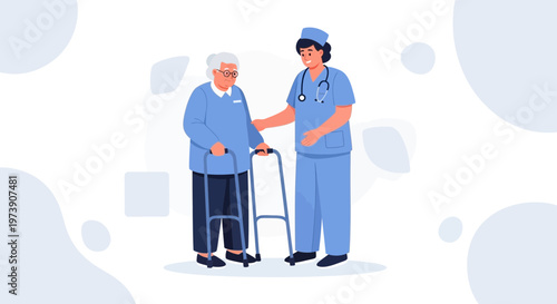 Nurse Assisting Elderly Woman with Walker, Healthcare Support, Senior Care