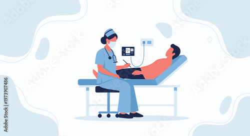Doctor performing ultrasound on patient lying on examination table, medical checkup