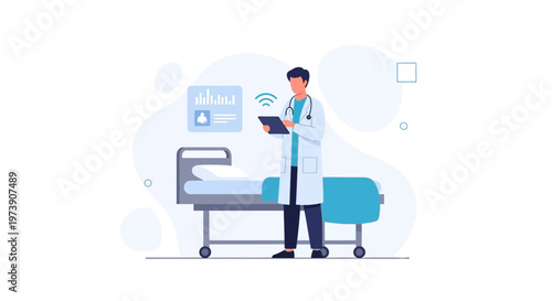 Doctor using tablet with medical data on screen in hospital room with bed