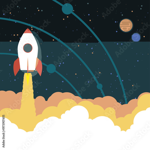 Flat illustration of a rocket ship launching into space with planets and stars in the background, surrounded by clouds and a trail of flames.