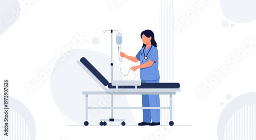 Nurse Adjusting IV Drip Bag Next to Medical Bed in Clinic