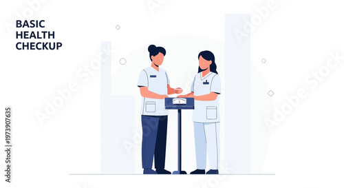 Nurses measuring patient's weight on a scale for basic health checkup