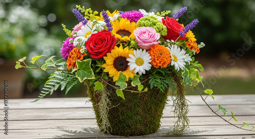 Colorful mixed flowers arrangement in moss pot on wooden table. Bright mixed flowers include roses, sunflowers, daisies, and lavender, creating a vibrant display in natural setting.