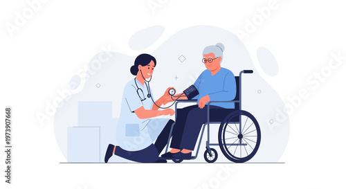 Nurse checking blood pressure of elderly woman in wheelchair, healthcare concept