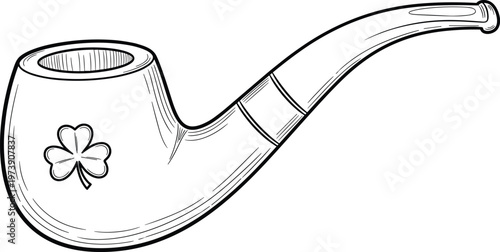 Vintage smoking pipe illustration, black and white line art, clover engraving design, Irish luck symbol, retro tobacco accessory drawing