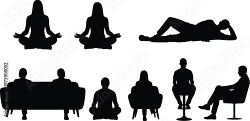 Seated posture silhouettes, meditation relaxation icons, cross-legged figure illustration, reclining pose artwork, casual sitting design, wellness lifestyle symbols