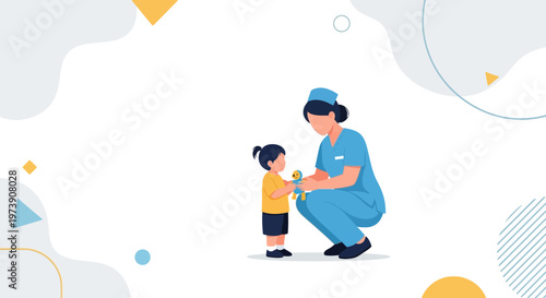 Nurse with child, healthcare, medical care, child's health, doctor, pediatrician, cute, illustration