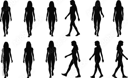 Walking motion silhouettes, human gait progression, biomechanics study, animation reference, side and front profiles, step cycle illustration, movement analysis, art concept