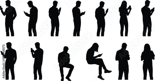 Smartphone silhouette figures, mobile device icons, modern technology illustration, digital lifestyle artwork, communication posture design, connected user symbols