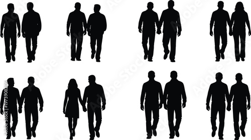 Walking pairs silhouettes, companionship icons, unity illustration, social interaction artwork, friendship posture design, relationship figure symbols