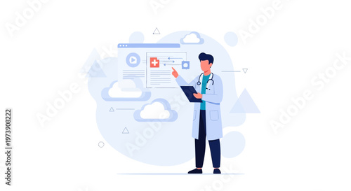 Doctor interacting with digital medical interface on cloud background