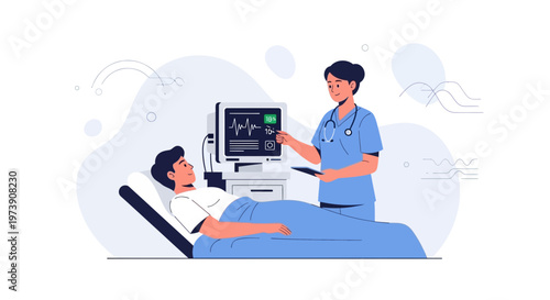 Nurse monitoring patient on hospital bed with vital signs monitor