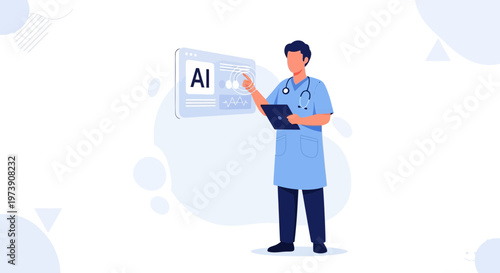 Doctor using AI technology on futuristic medical interface with data analysis