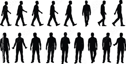 Walking posture silhouettes, standing figure icons, human motion illustration, casual gesture artwork, everyday stance design, movement outline symbols
