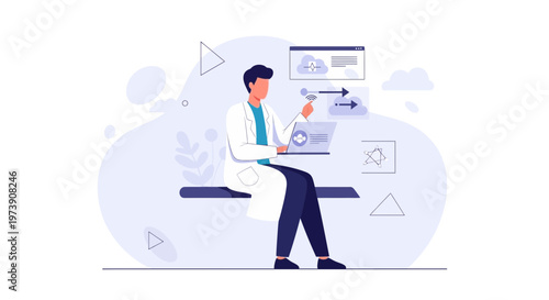 Doctor using laptop for cloud data analysis and medical technology