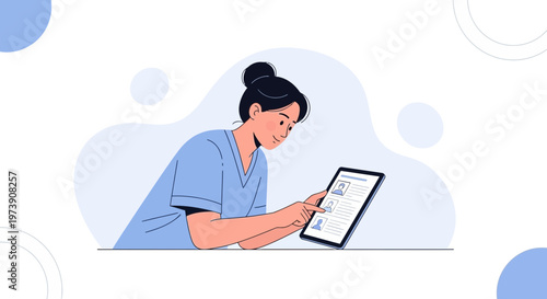 Nurse using tablet for patient information, medical record, healthcare technology