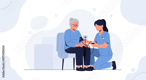 Nurse checks elderly woman's blood pressure, healthcare, medical checkup, doctor visit