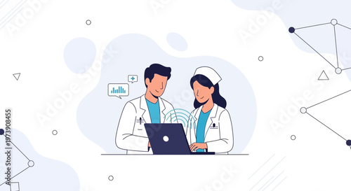 Doctor and nurse collaborating on laptop, medical data analysis, healthcare technology concept