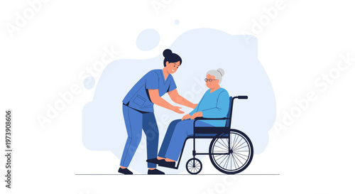 Nurse helping elderly woman in wheelchair, healthcare, medical assistance, senior care, illustration