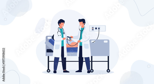 Doctors examining patient in hospital bed with medical equipment, healthcare concept