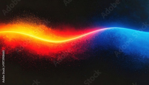Composição abstrata de fumaça colorida e partículas brilhantes formando uma onda dinâmica de fogo e gelo sobre um fundo preto profundo e moderno.