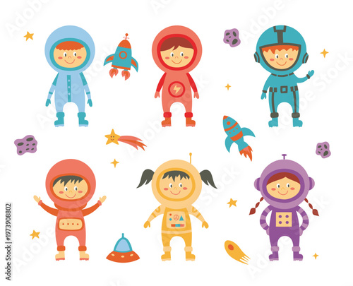 Flat illustration of six cartoon children wearing colorful space suits and helmets with rockets, planets and stars on a white background.