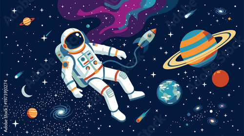 Astronaut floating in space with planets and stars, wearing a white spacesuit with orange accents, surrounded by celestial bodies and a nebula.