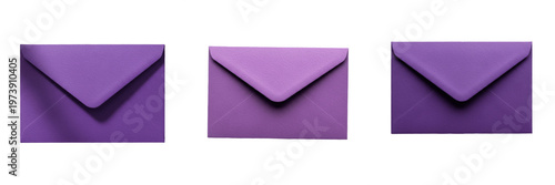 Trio of Elegant Purple Envelopes with Classic V-Flap Design; Professional Matte Stationery Mockup Set in Lavender and Plum Tones Isolated on a Clean Minimalist White Background.