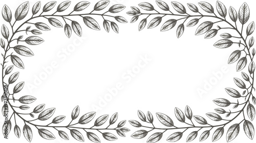 Ornate hand-drawn leafy border frame in grayscale leaves