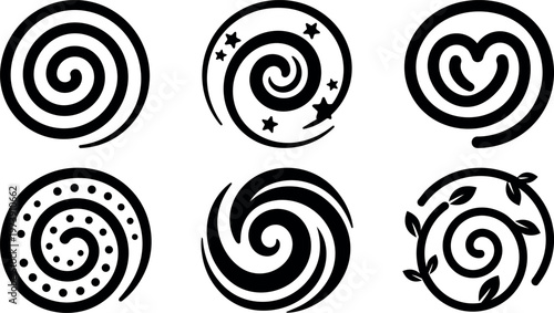 Black spiral line art icons with stars dots leaves and heart shapes