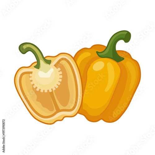 Fresh ripe vector pepper on a white background. Isolated, realistic whole pepper and its half.
