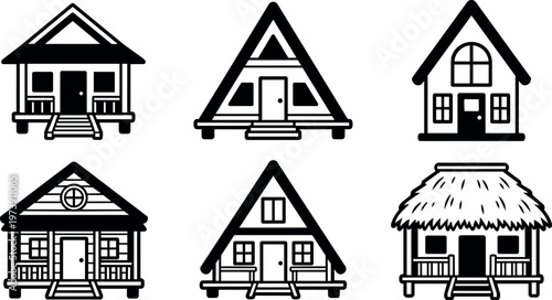 Six different cabin house illustrations with various roof designs
