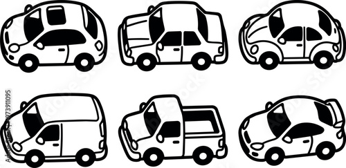 Six different small cars and trucks in side view