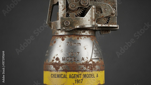 Vintage Chemical Agent Model A 1917 Canister, Historical Military Artifact, Close-up.