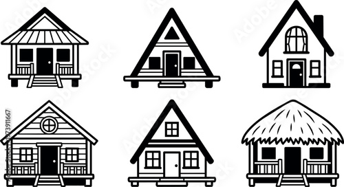 Six different house styles with thatched and triangular roofs