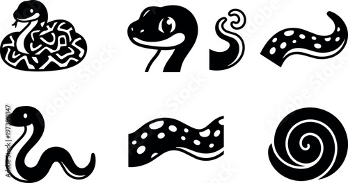 Black and white snake head and coiled serpent vector icons set