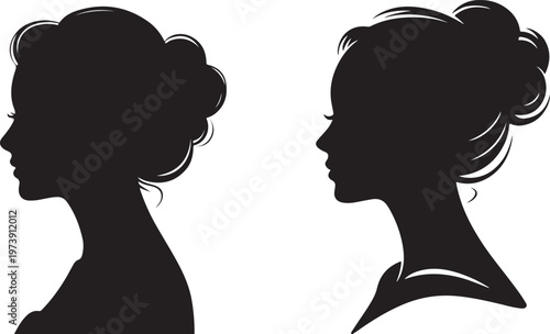 Two black silhouettes of women with hairstyles and elegant profiles facing right side