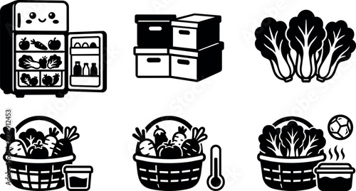 Black and white vegetable baskets with fridge and storage boxes line art